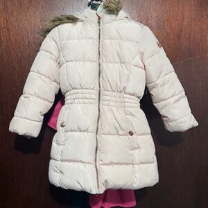 Kids Cream Puffer Jacket with Faux Fur Hood